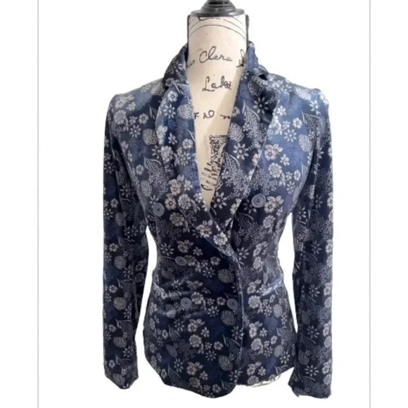 CAROLINA BELLE BLAZER BLUE & TAN FLORAL PRINT VELVET DOUBLE BREASTED - Picture 1 of 12